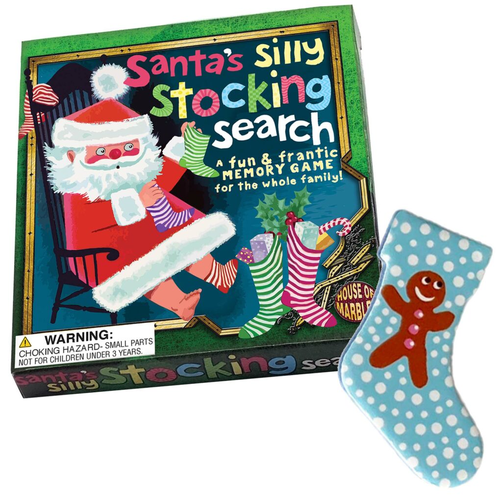 Box of 'Santa's Silly Stocking Search' game with a stocking on a white background
