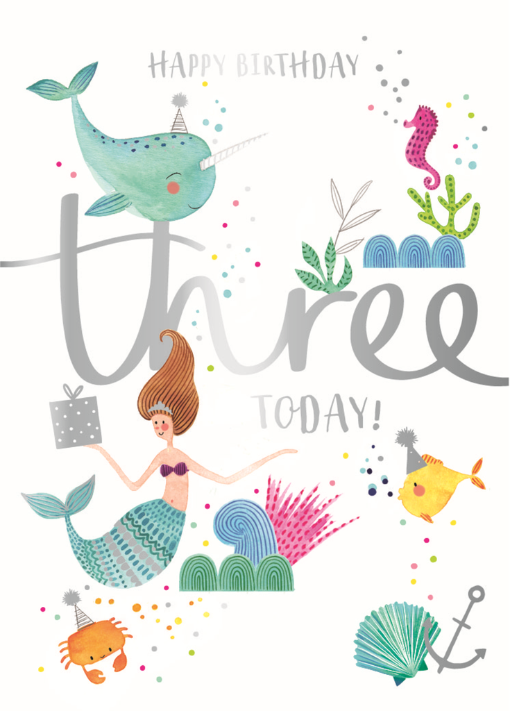 Birthday Card - Age 3: Mermaid with Present
